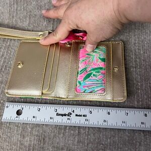 Lilly Pulitzer Card Case Wallet Wristlet Keychain Gold Accents Floral Pink Green